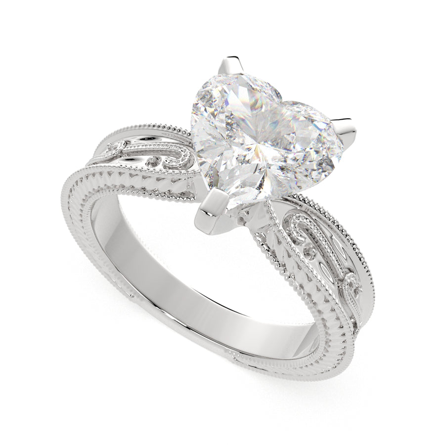 Sabrina 3 Carat Heart Cut Solitaire Hand Engraved Milgrain Engagement Ring