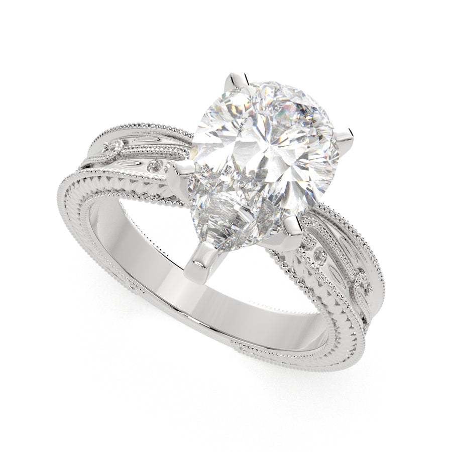 Sabrina 4 Carat Pear Cut Solitaire Hand Engraved Milgrain Engagement Ring