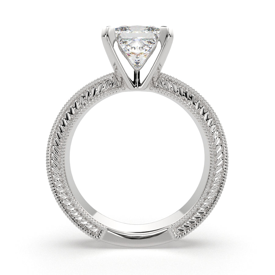 Sabrina 4 Carat Princess Cut Solitaire Hand Engraved Milgrain Engagement Ring