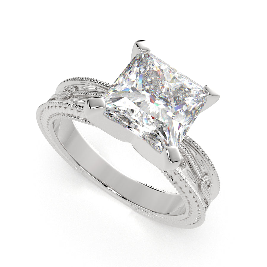 Sabrina 4 Carat Princess Cut Solitaire Hand Engraved Milgrain Engagement Ring