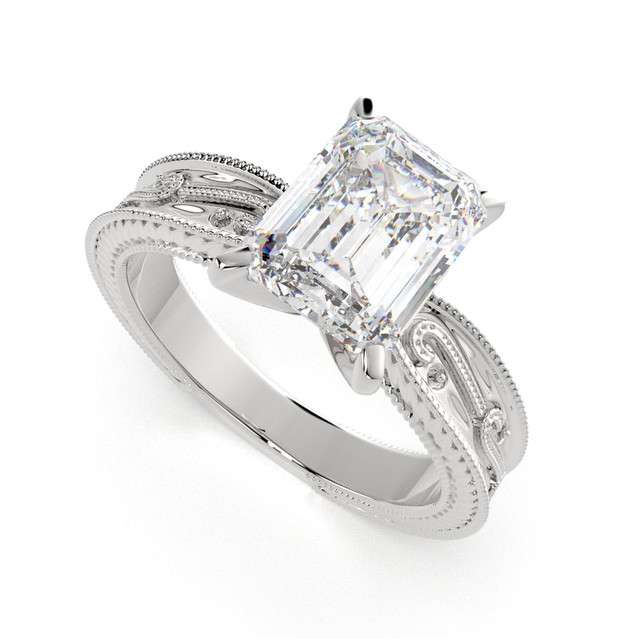 Sabrina 1 Carat Radiant Cut Solitaire Hand Engraved Milgrain Engagement Ring
