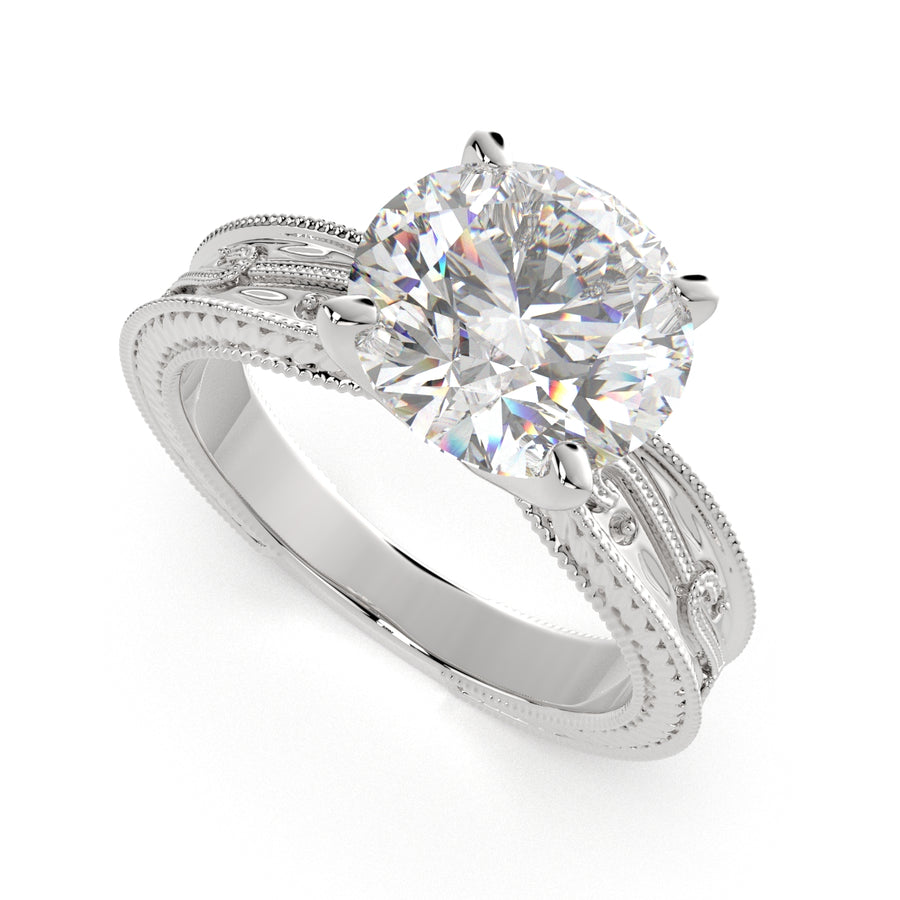 Sabrina 4 Carat Round Cut Solitaire Hand Engraved Milgrain Engagement Ring