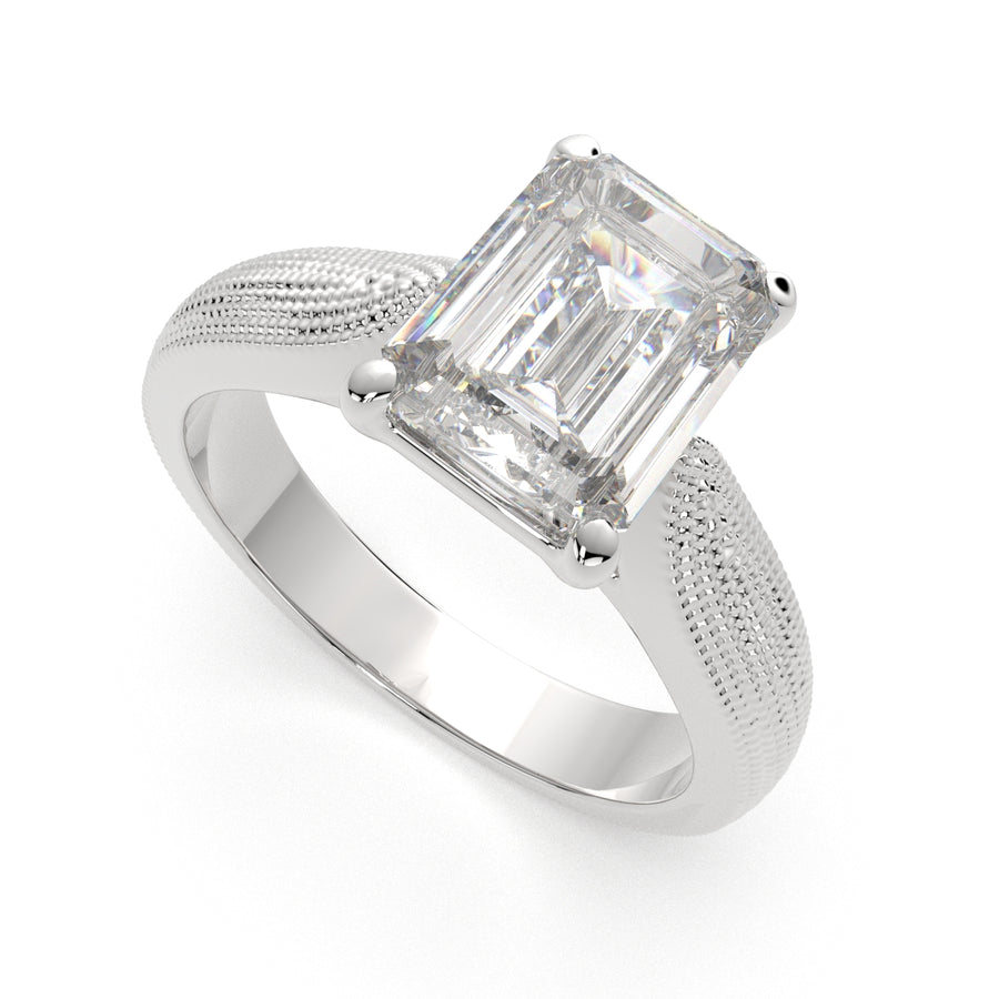 Valentina 2 Carat Emerald Cut Solitaire Tapered Milgrain Engagement Ring