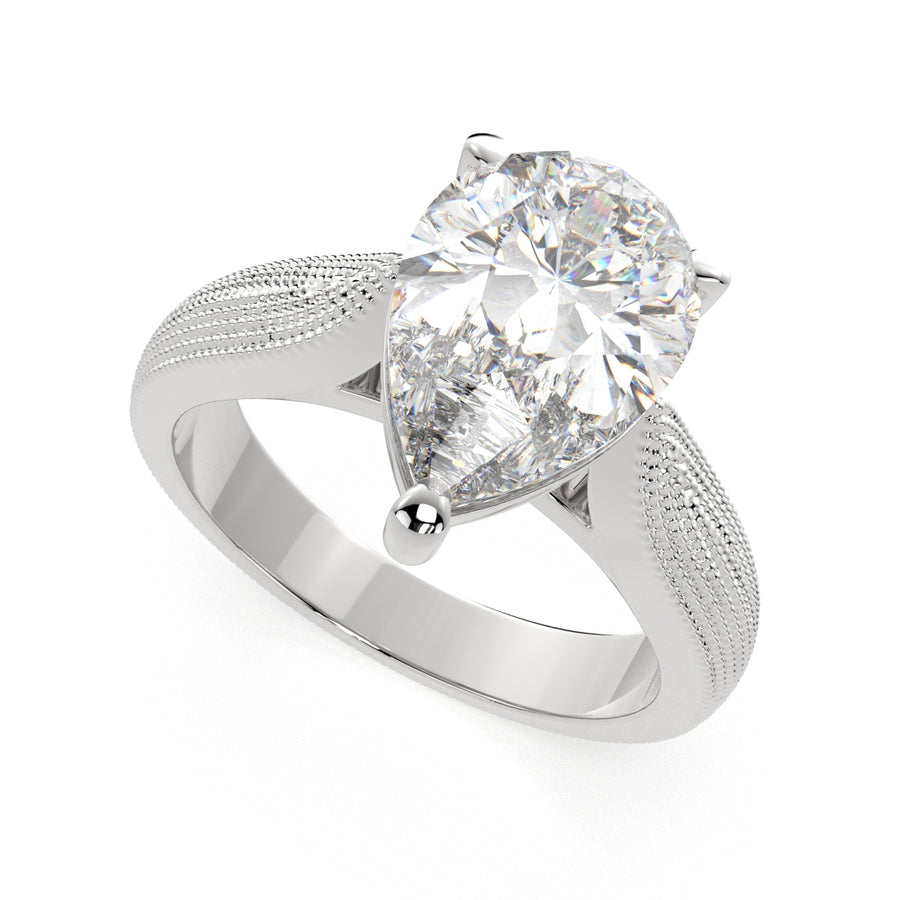 Valentina 3 Carat Pear Cut Solitaire Tapered Milgrain Engagement Ring