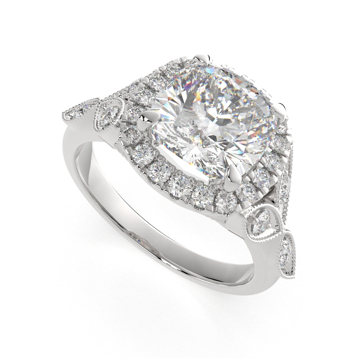 1.35 Carat VS1 D Lab Grown Diamond Halo Pave Cushion Ring