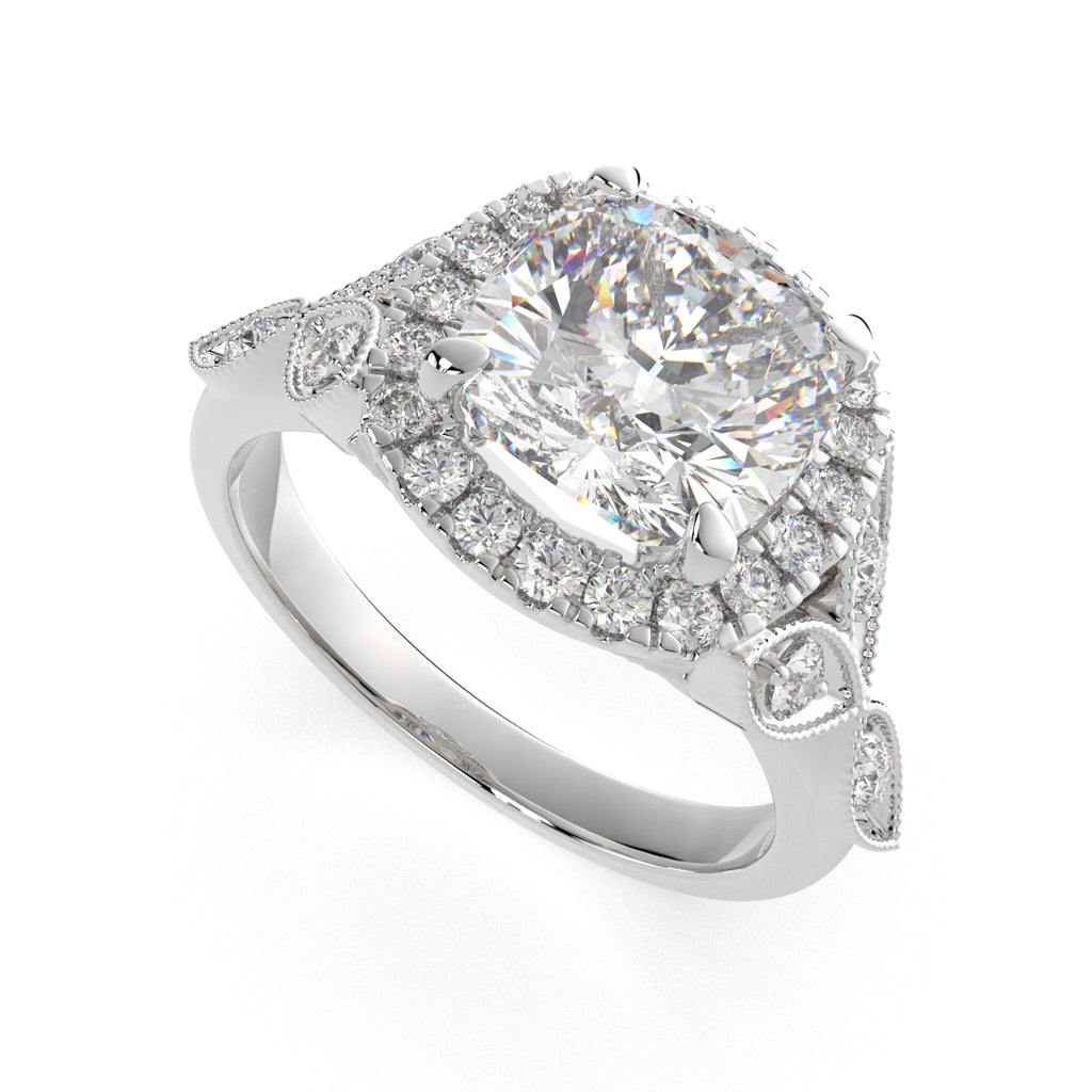 1.35 Carat VS1 D Lab Grown Diamond Halo Pave Cushion Ring