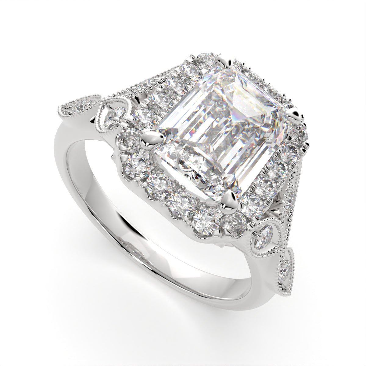 3.35 Carat VS1 D Lab Grown Diamond Halo Pave Emerald Ring
