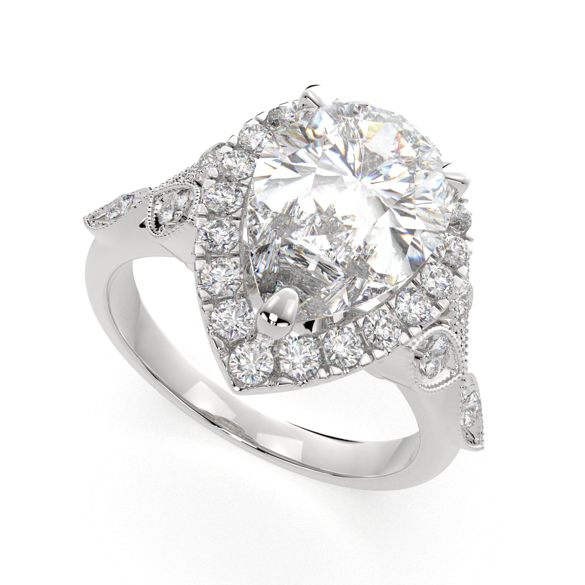 4.35 Carat VS1 D Lab Grown Diamond Halo Pave Pear Ring