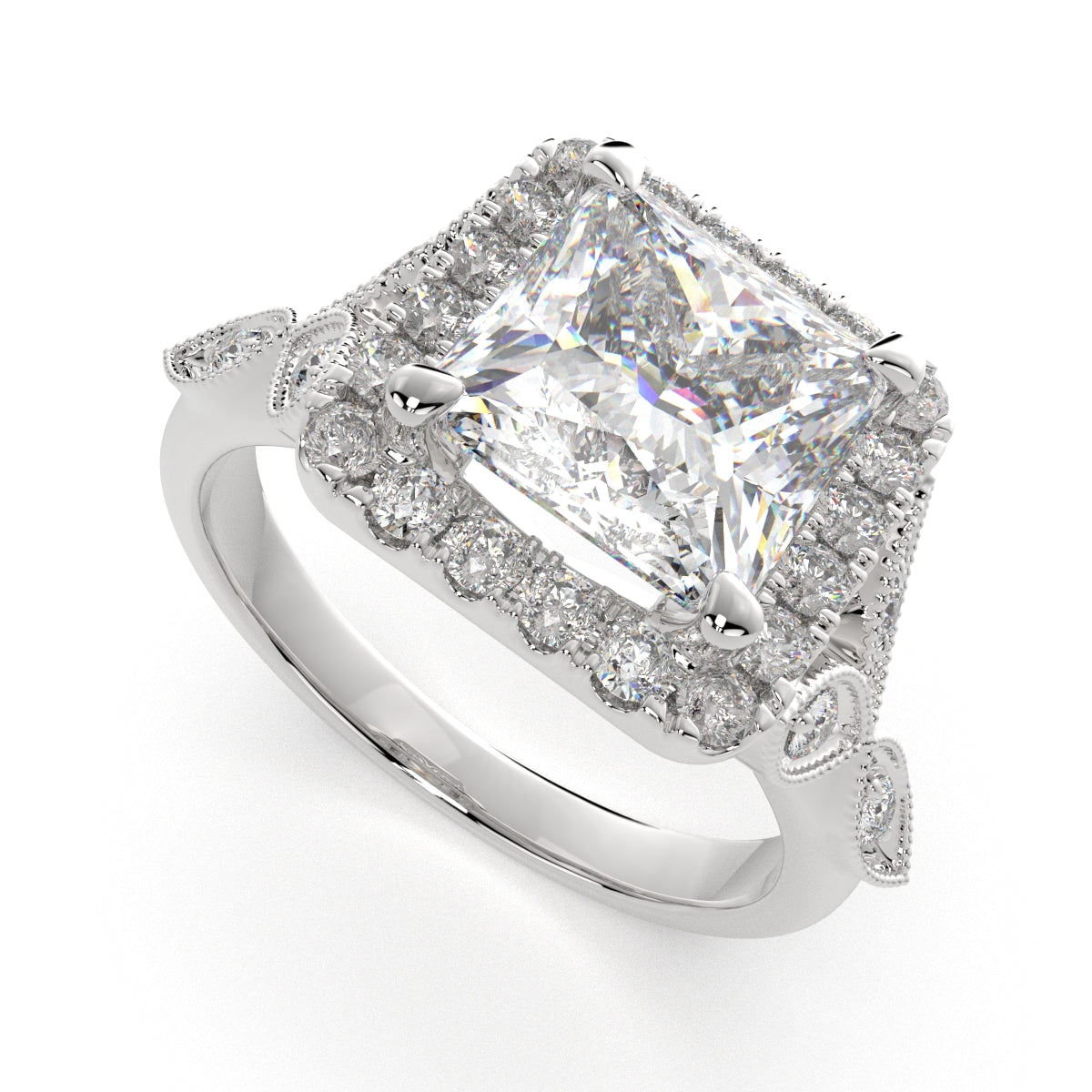 3.35 Carat VS1 D Lab Grown Diamond Halo Pave Princess Ring