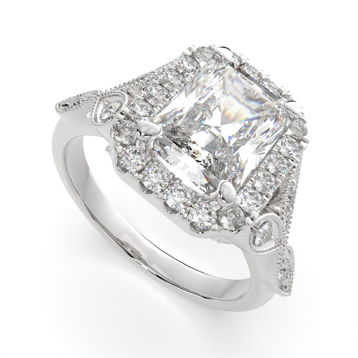 2.35 Carat VS1 D Lab Grown Diamond Halo Pave Radiant Ring