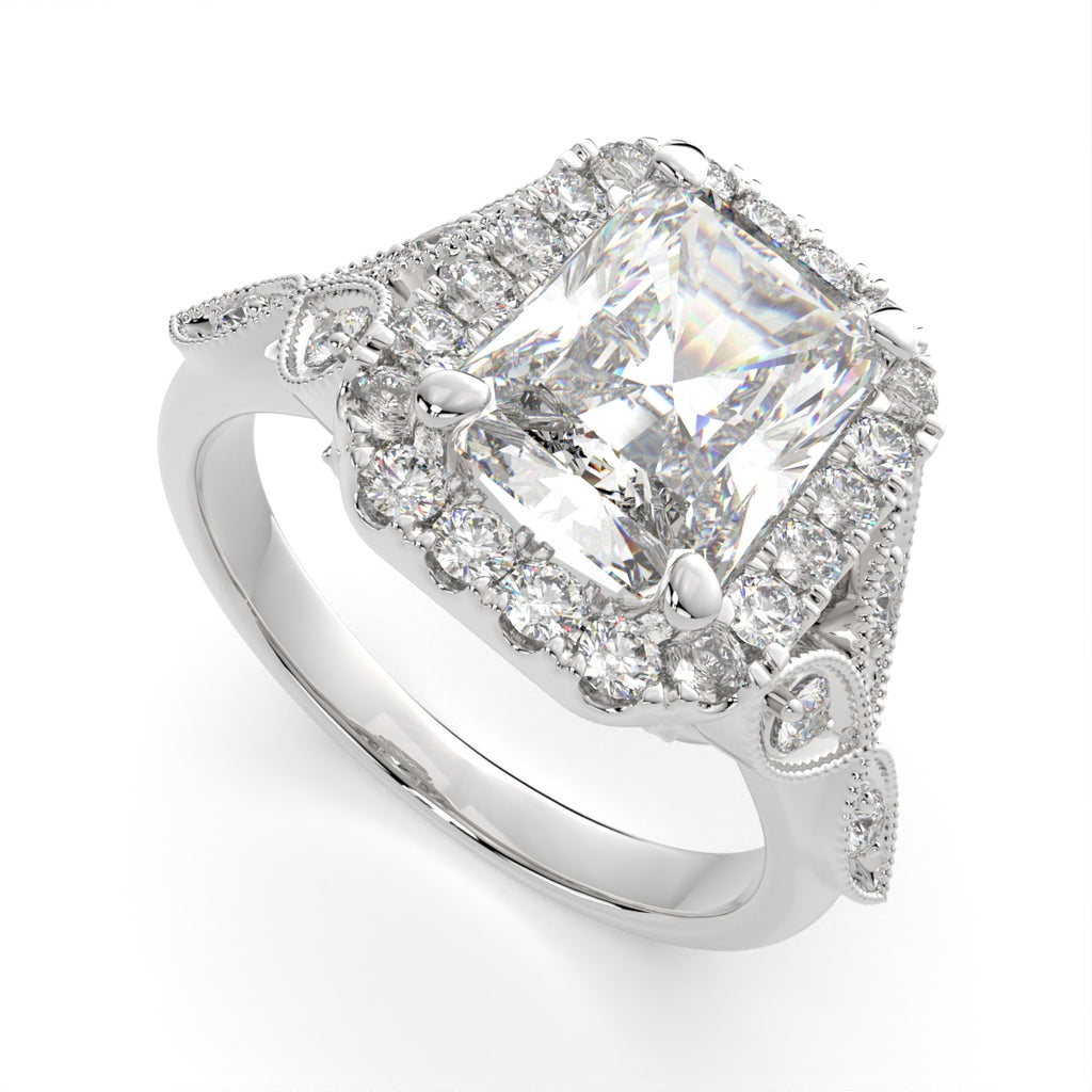 2.35 Carat VS1 D Lab Grown Diamond Halo Pave Radiant Ring
