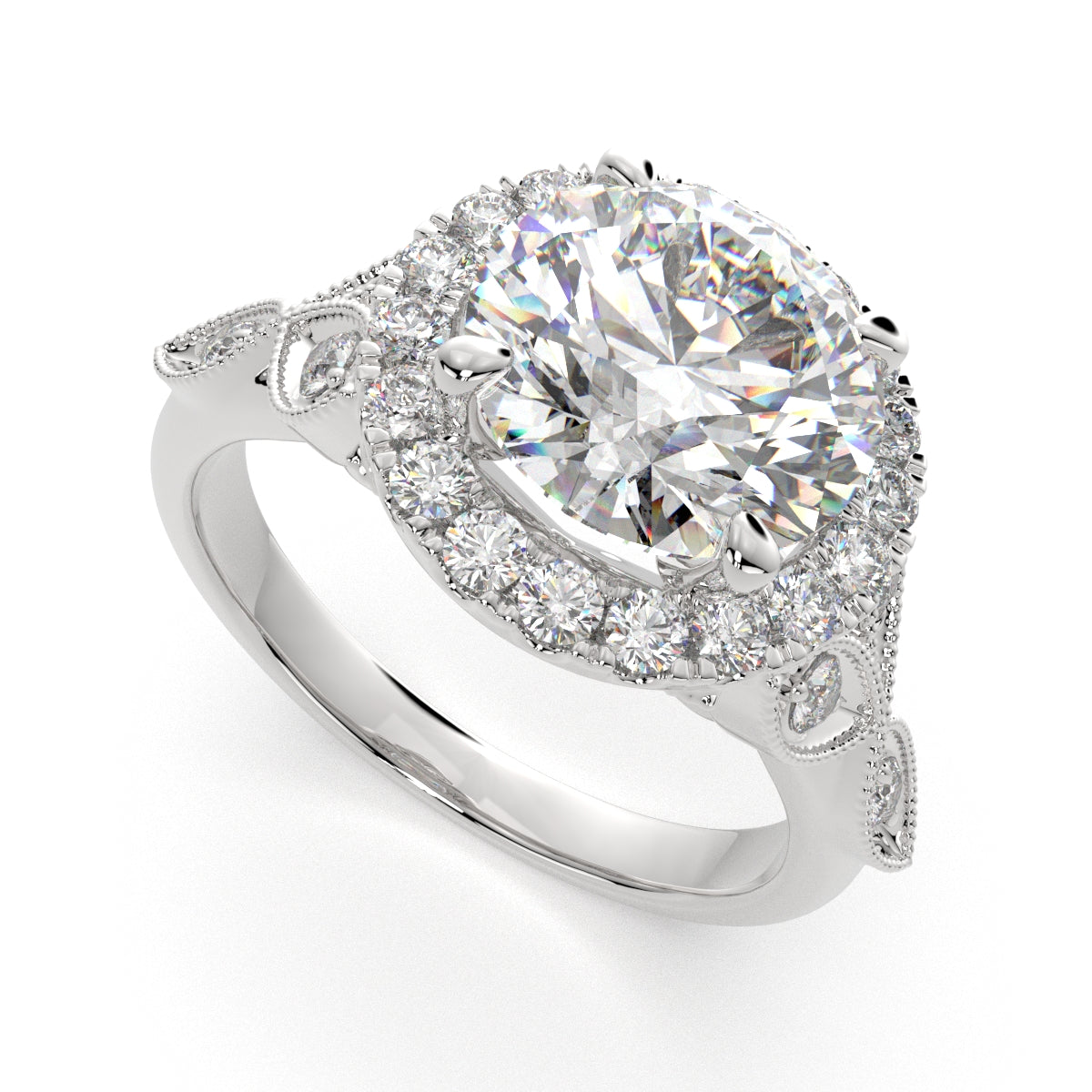 1.35 Carat VS1 D Lab Grown Diamond Halo Pave Round Ring