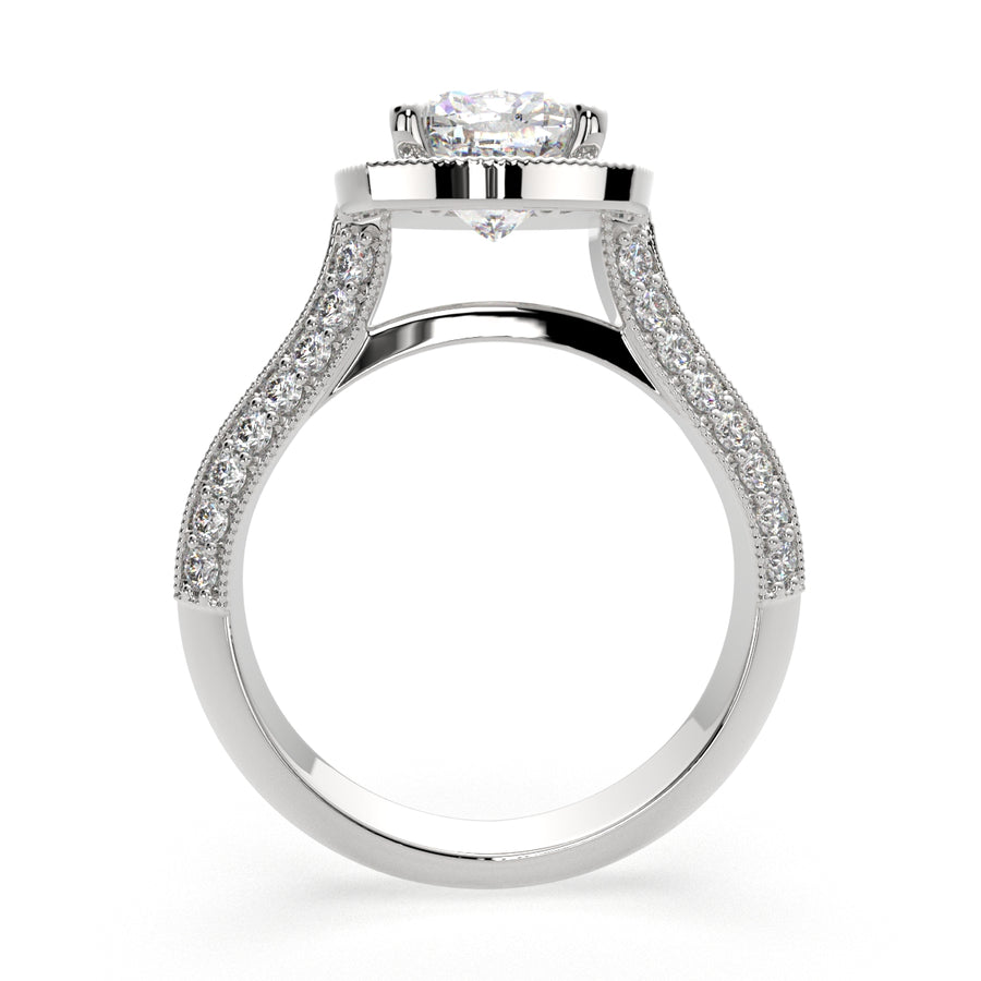 Beatrice 4.45 Carat Cushion Cut Halo Pave Knife Edge Milgrain Engagement Ring