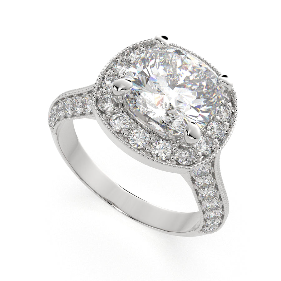 Beatrice 4.45 Carat Cushion Cut Halo Pave Knife Edge Milgrain Engagement Ring