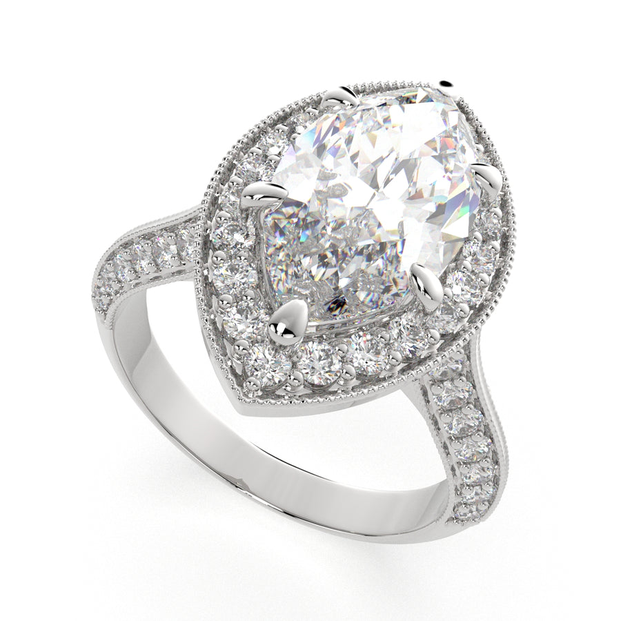 Beatrice 4.45 Carat Marquise Cut Halo Pave Knife Edge Milgrain Engagement Ring