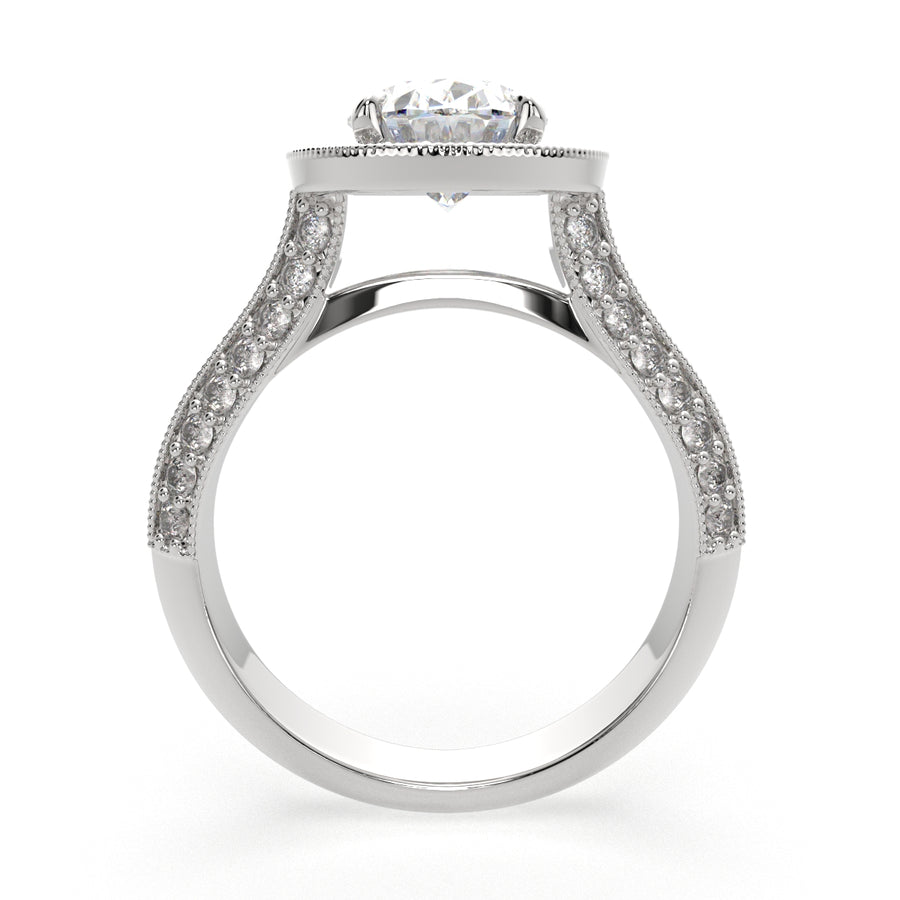 Beatrice 1.45 Carat Oval Cut Halo Pave Knife Edge Milgrain Engagement Ring