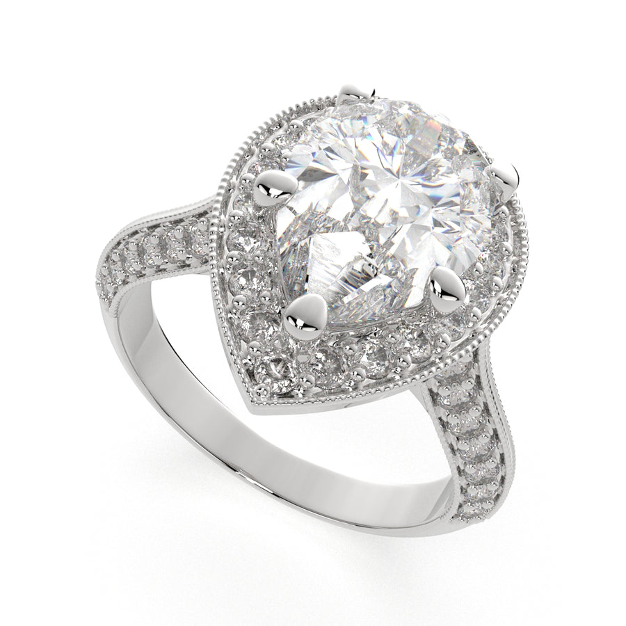Beatrice 2.45 Carat Pear Cut Halo Pave Knife Edge Milgrain Engagement Ring