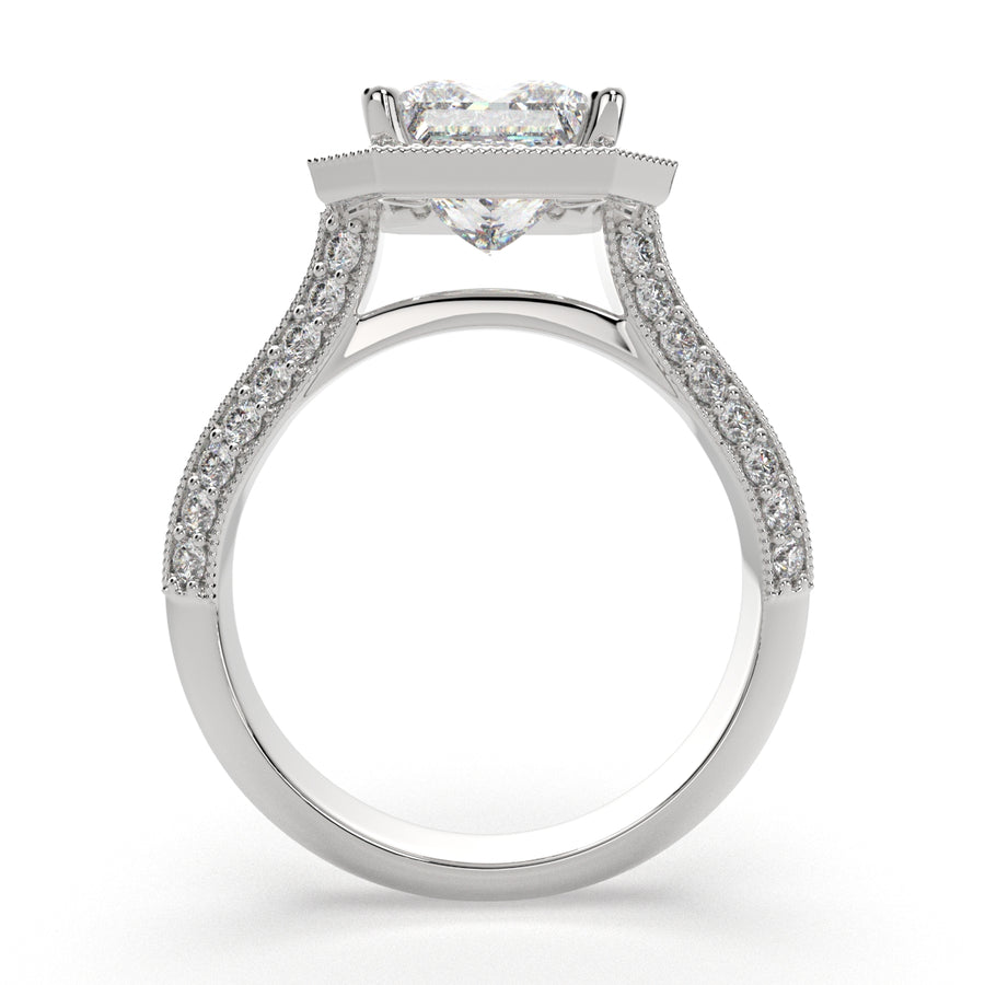 Beatrice 4.45 Carat Princess Cut Halo Pave Knife Edge Milgrain Engagement Ring