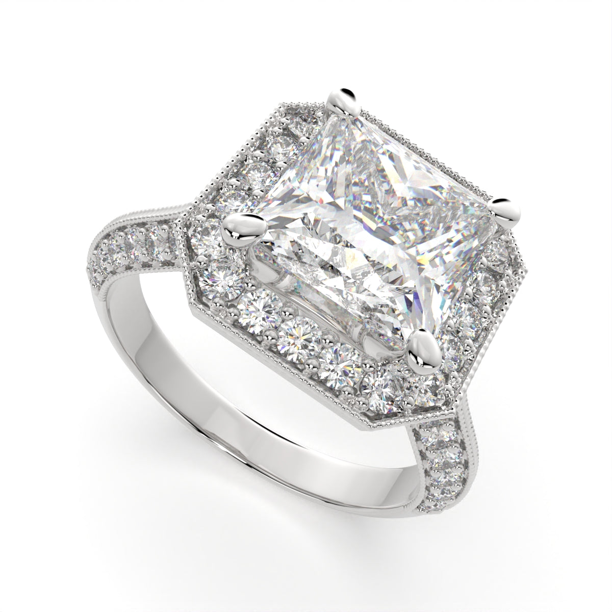 4.45 Carat VS1 D Lab Grown Diamond Halo Pave Princess Ring