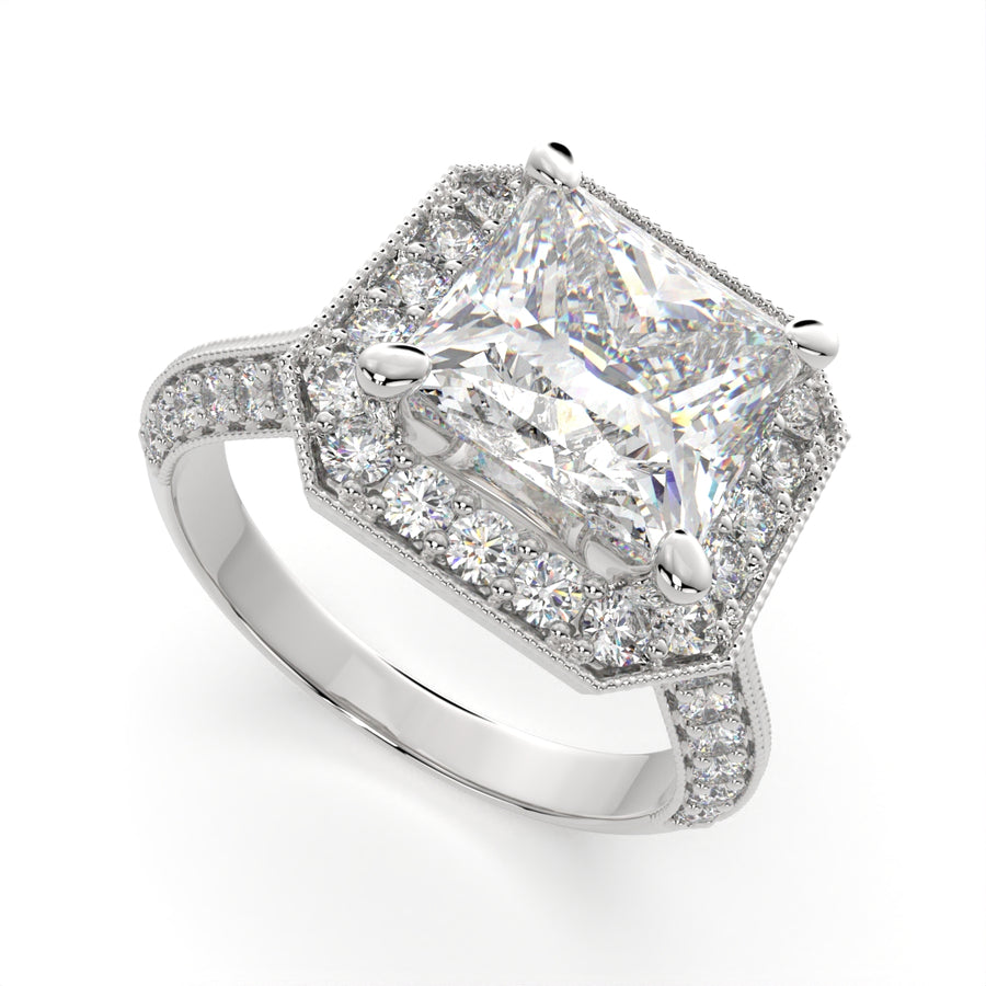 Beatrice 4.45 Carat Princess Cut Halo Pave Knife Edge Milgrain Engagement Ring