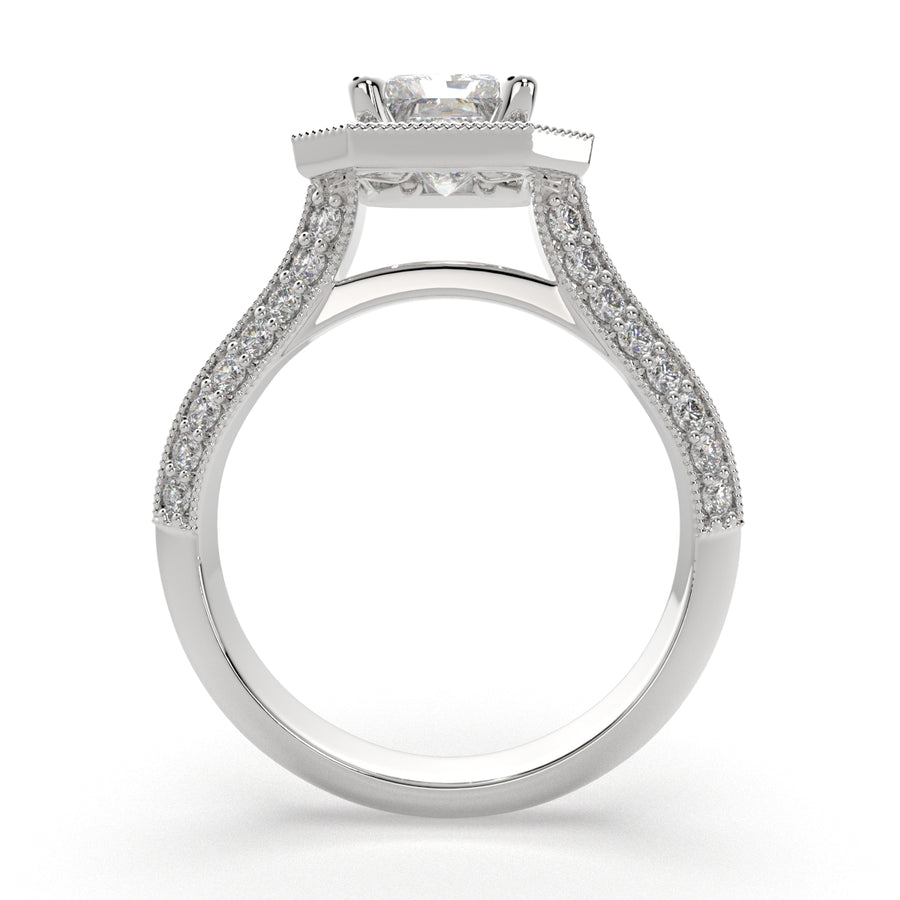 Beatrice 3.45 Carat Radiant Cut Halo Pave Knife Edge Milgrain Engagement Ring