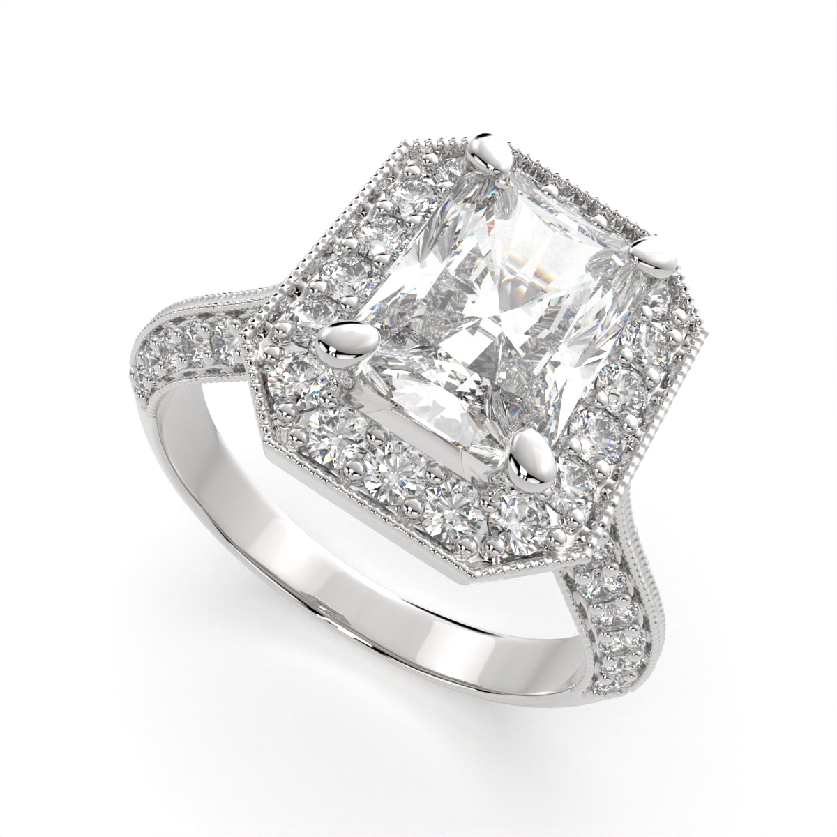 1.45 Carat VS1 D Lab Grown Diamond Halo Pave Radiant Ring