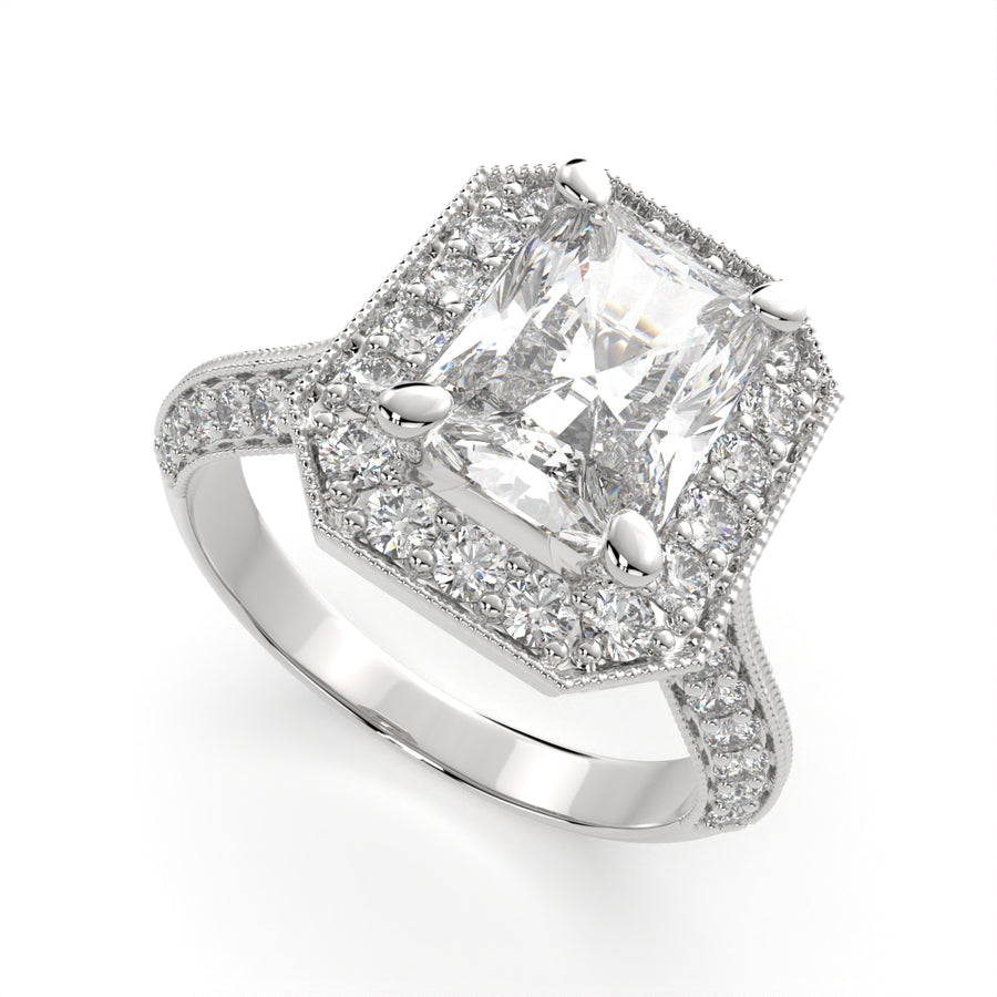 Beatrice 1.45 Carat Radiant Cut Halo Pave Knife Edge Milgrain Engagement Ring