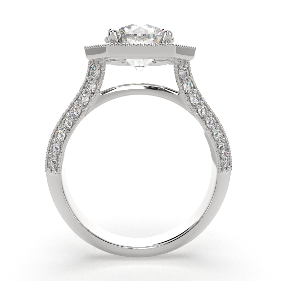 Beatrice 3.45 Carat Round Cut Halo Pave Knife Edge Milgrain Engagement Ring