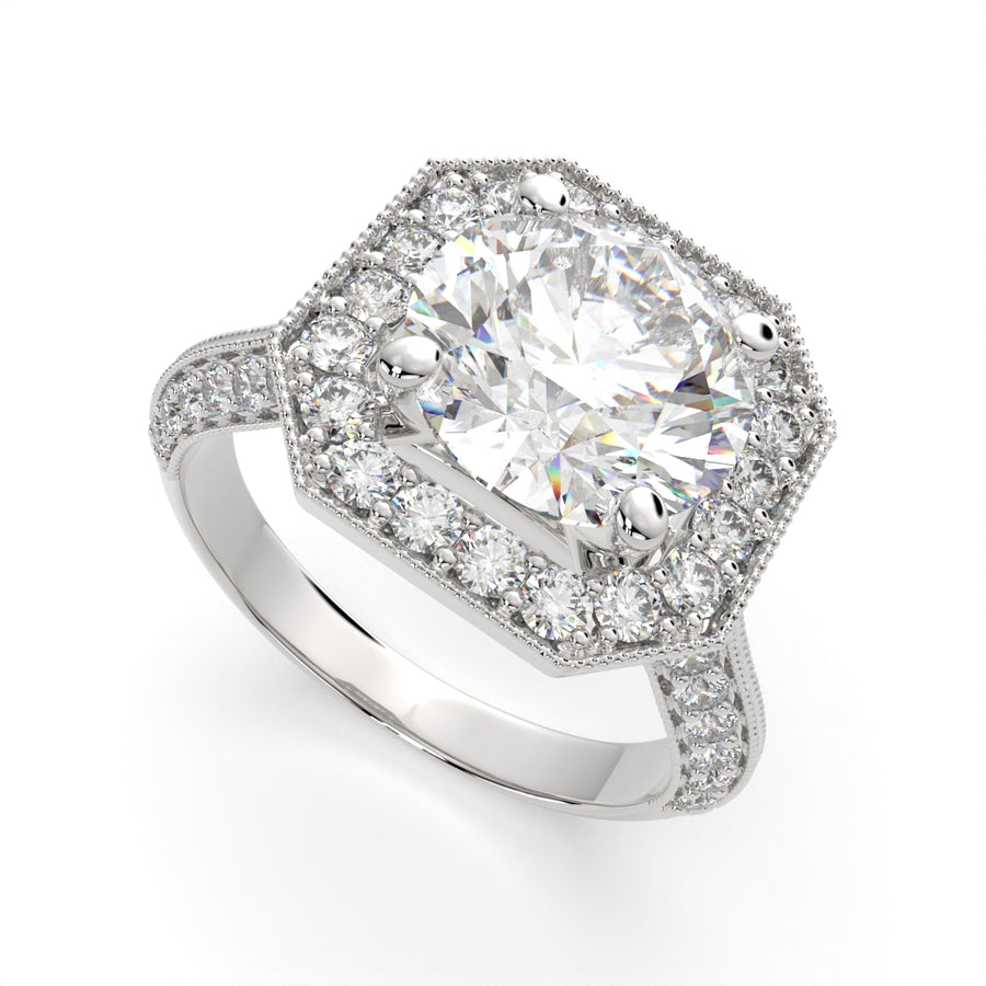 Beatrice 4.45 Carat Round Cut Halo Pave Knife Edge Milgrain Engagement Ring