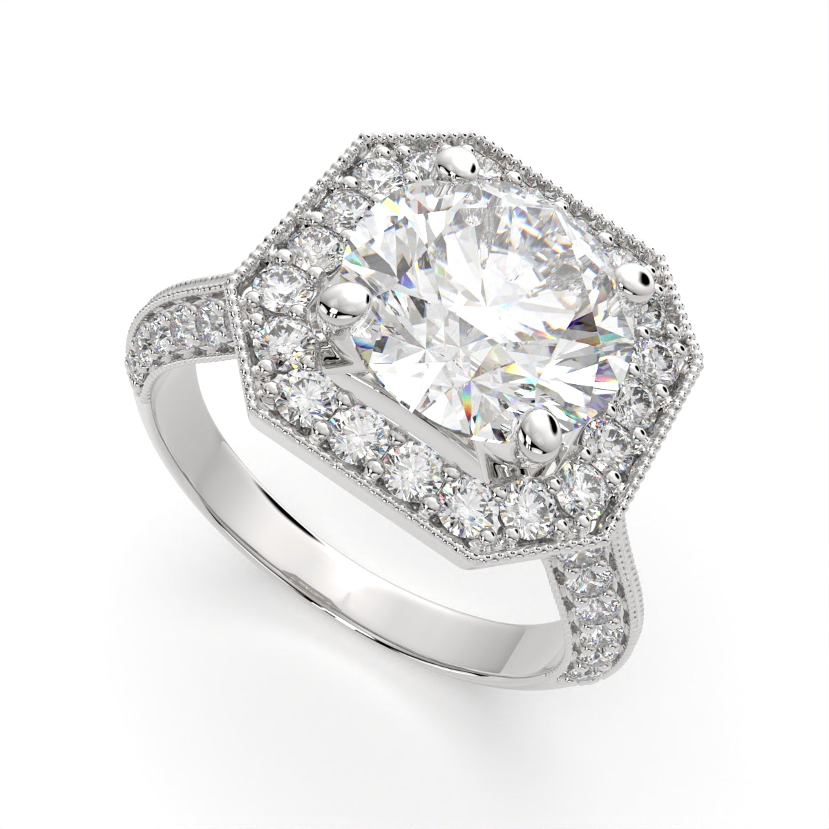 2.45 Carat VS1 D Lab Grown Diamond Halo Pave Round Ring