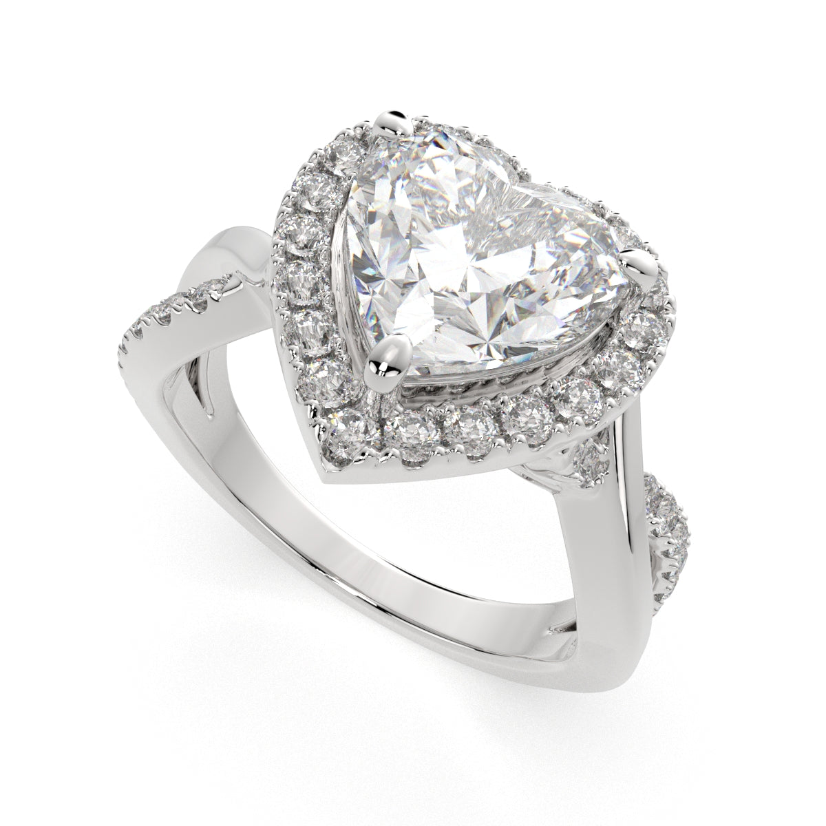 2.35 Carat VS1 D Lab Grown Diamond Halo Pave Split Shank Heart Ring