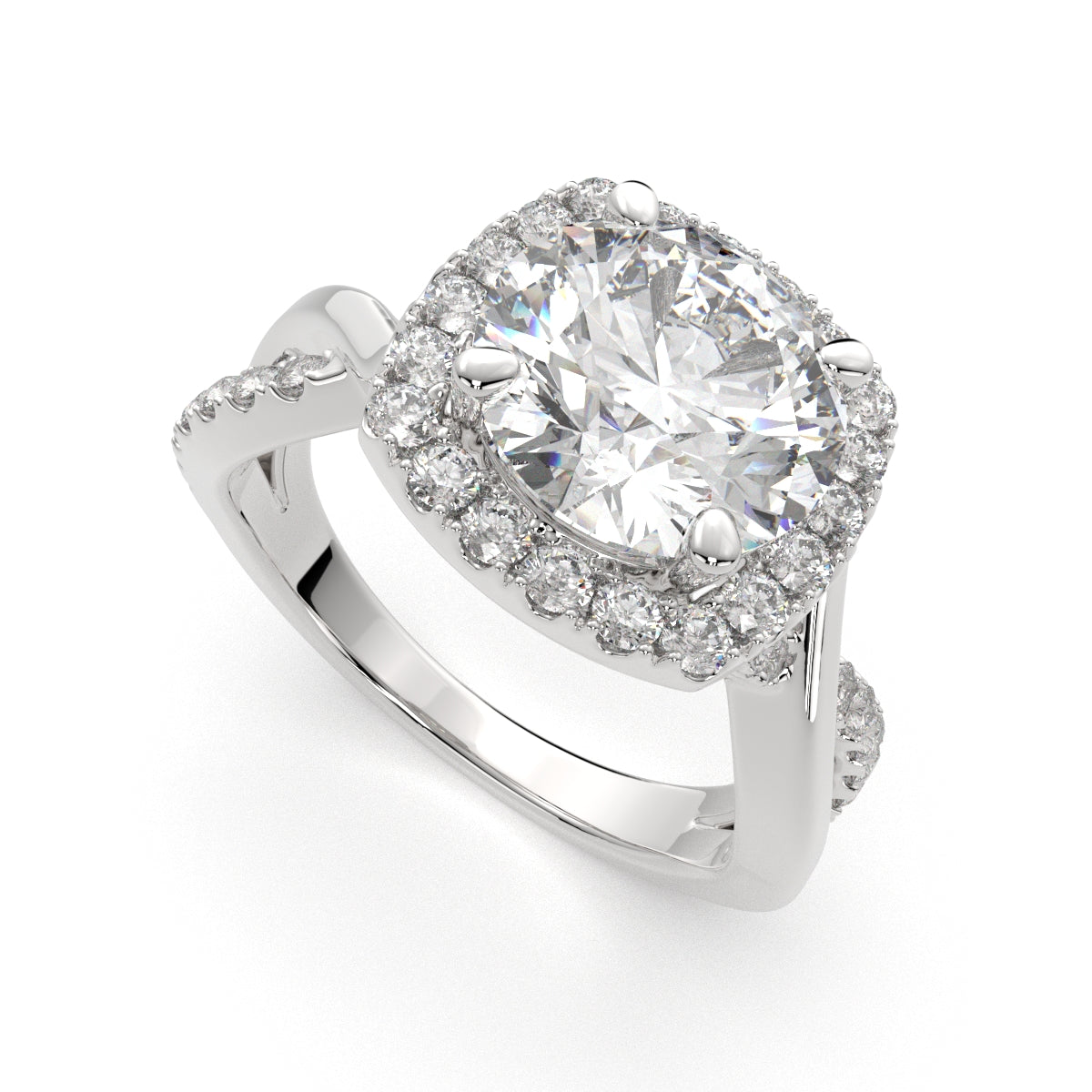 3.35 Carat VS1 D Lab Grown Diamond Halo Pave Split Shank Round Ring