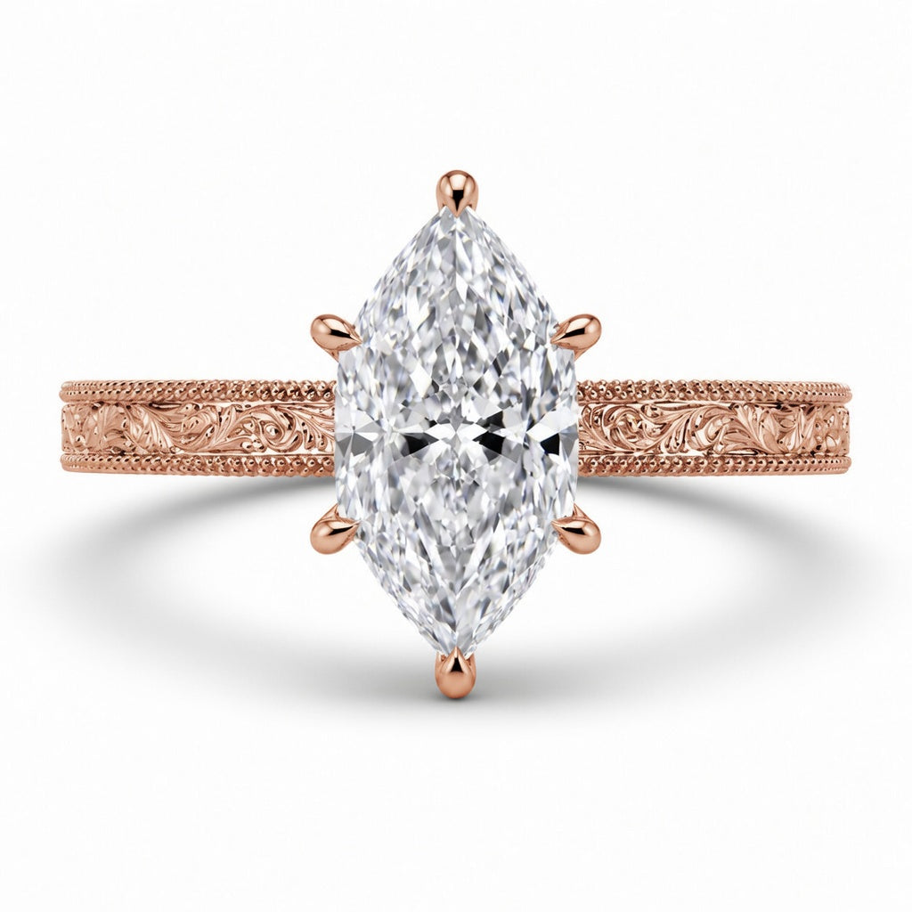 3.50 CT Dutch Marquise Cut Lab-Grown Diamond Engagement Ring in 14K White Gold – Art Deco Engraved Milgrain Floral Design