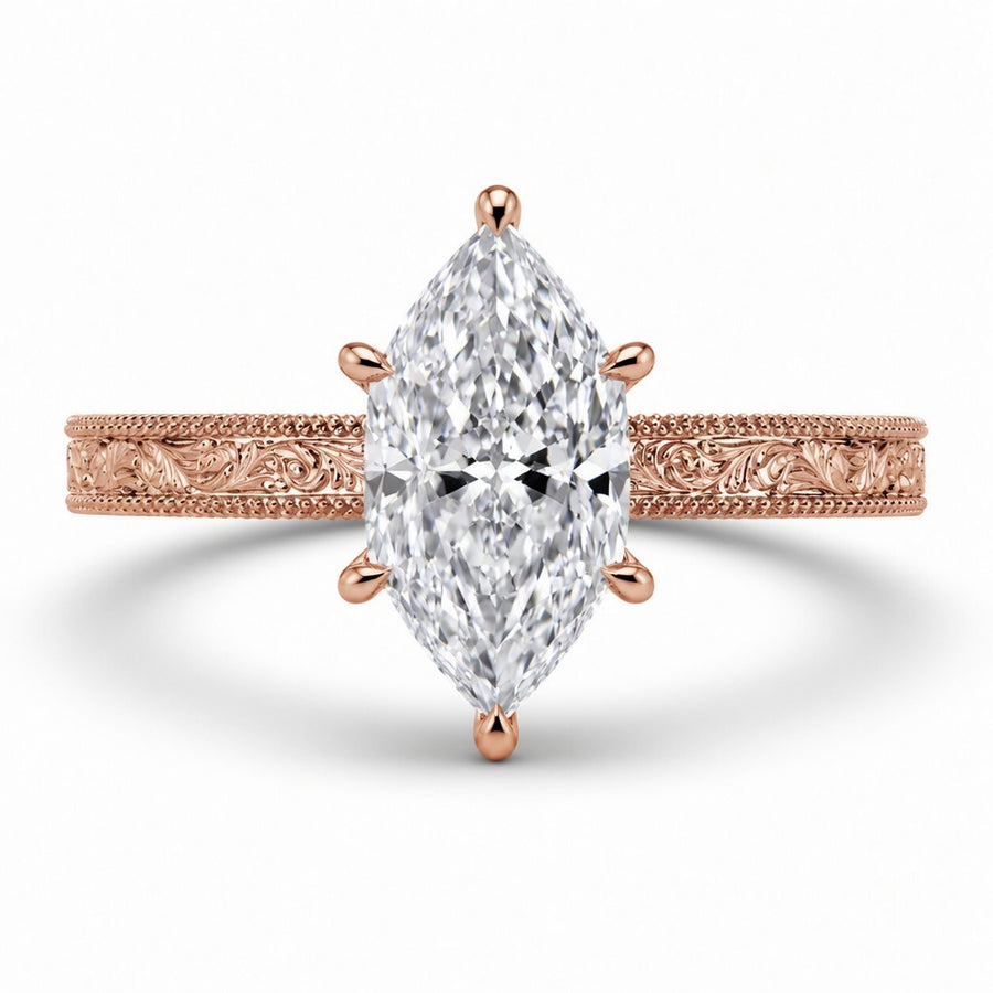 3.50 CT Dutch Marquise Cut Lab-Grown Diamond Engagement Ring in 14K White Gold – Art Deco Engraved Milgrain Floral Design