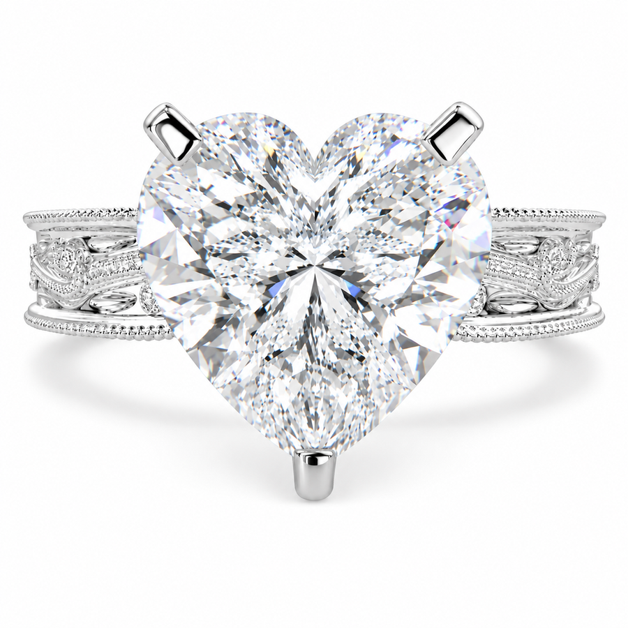 Sabrina 7 Carat Heart Cut Solitaire Hand Engraved Milgrain Engagement Ring