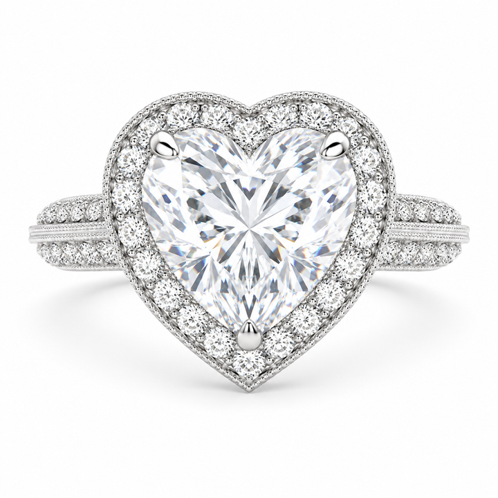 Beatrice 4.45 Carat Heart Cut Halo Pave Knife Edge Milgrain Engagement Ring