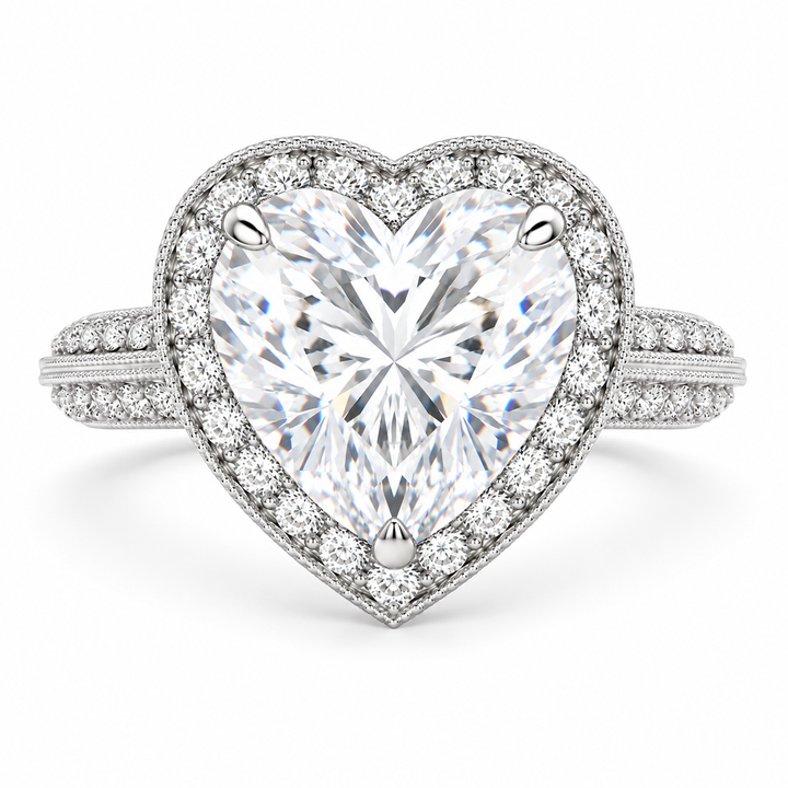 Beatrice 6.45 Carat Heart Cut Halo Pave Knife Edge Milgrain Engagement Ring