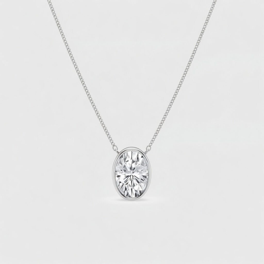 2.00 Carat Oval Cut Lab-Grown Diamond Bezel Set Solitaire Pendant VS1 D-F White Gold 14K with Adjustable Chain