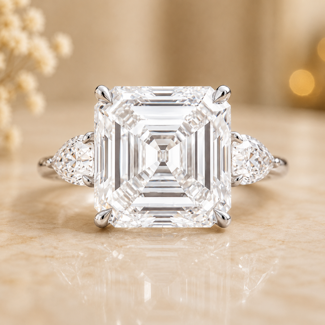 7.00 CT Asscher Cut Lab-Grown Diamond Three Stone Engagement Ring in 14K White Gold – Luxury Statement Anniversary Design