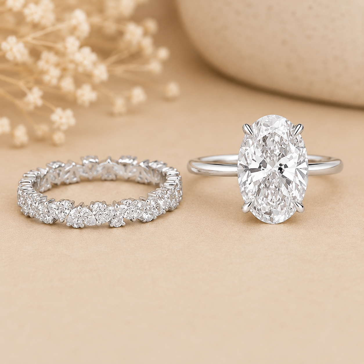 3.00 CT Oval Lab-Grown Diamond Hidden Halo 2PCS Bridal Set in 14K White Gold – Matching Stackable Wedding Band Design