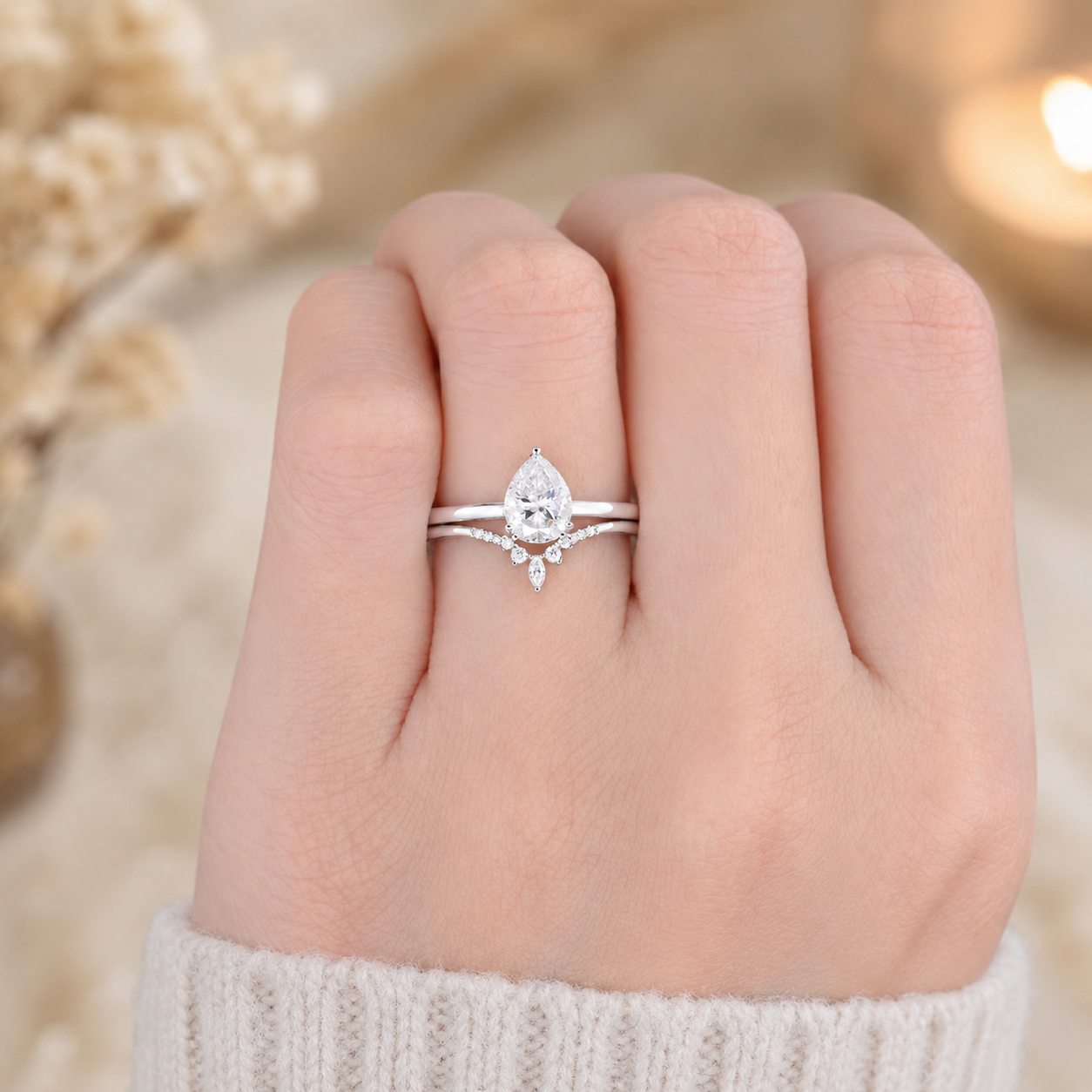 3.00 CT Pear Lab-Grown Diamond 2PCS Bridal Set in 14K White Gold – Minimalist Engagement Ring & Matching Wedding Band