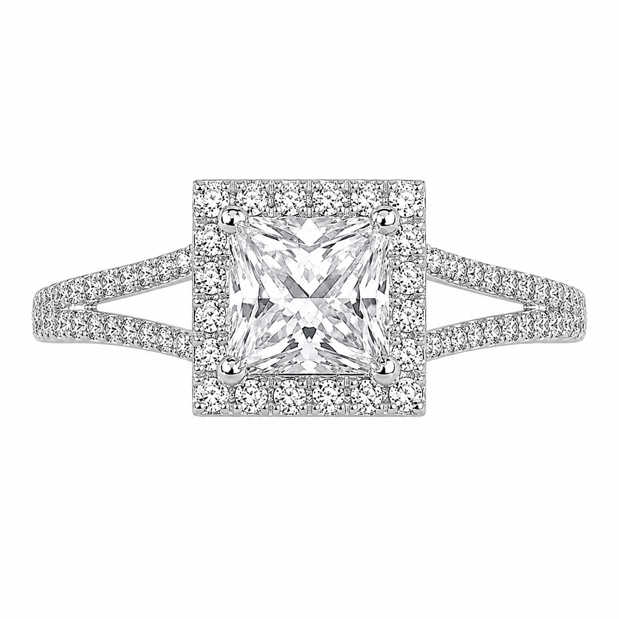 Livia 2.95 ct Lab Grown Princess Cut Split Shank Halo Diamond Engagement Ring