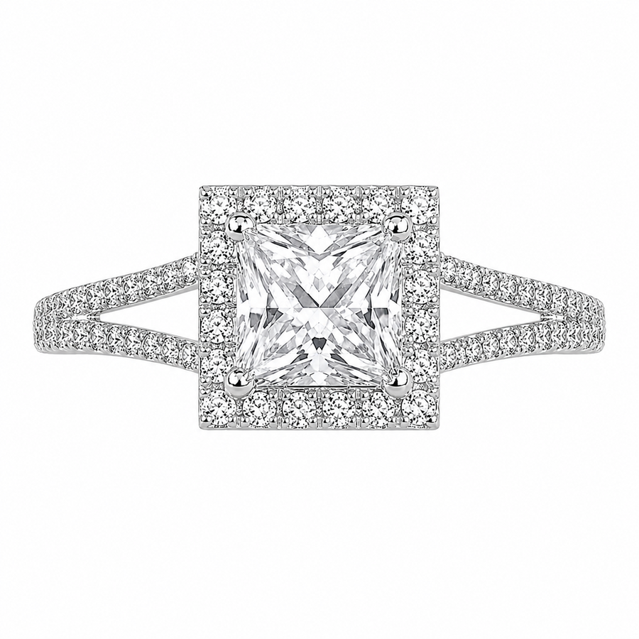 Livia 2.95 ct Lab Grown Princess Cut Split Shank Halo Diamond Engagement Ring