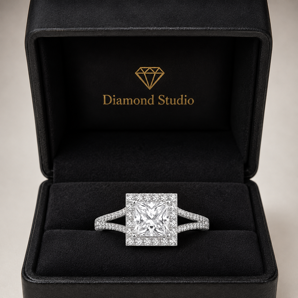 Livia 2.95 ct Lab Grown Princess Cut Split Shank Halo Diamond Engagement Ring