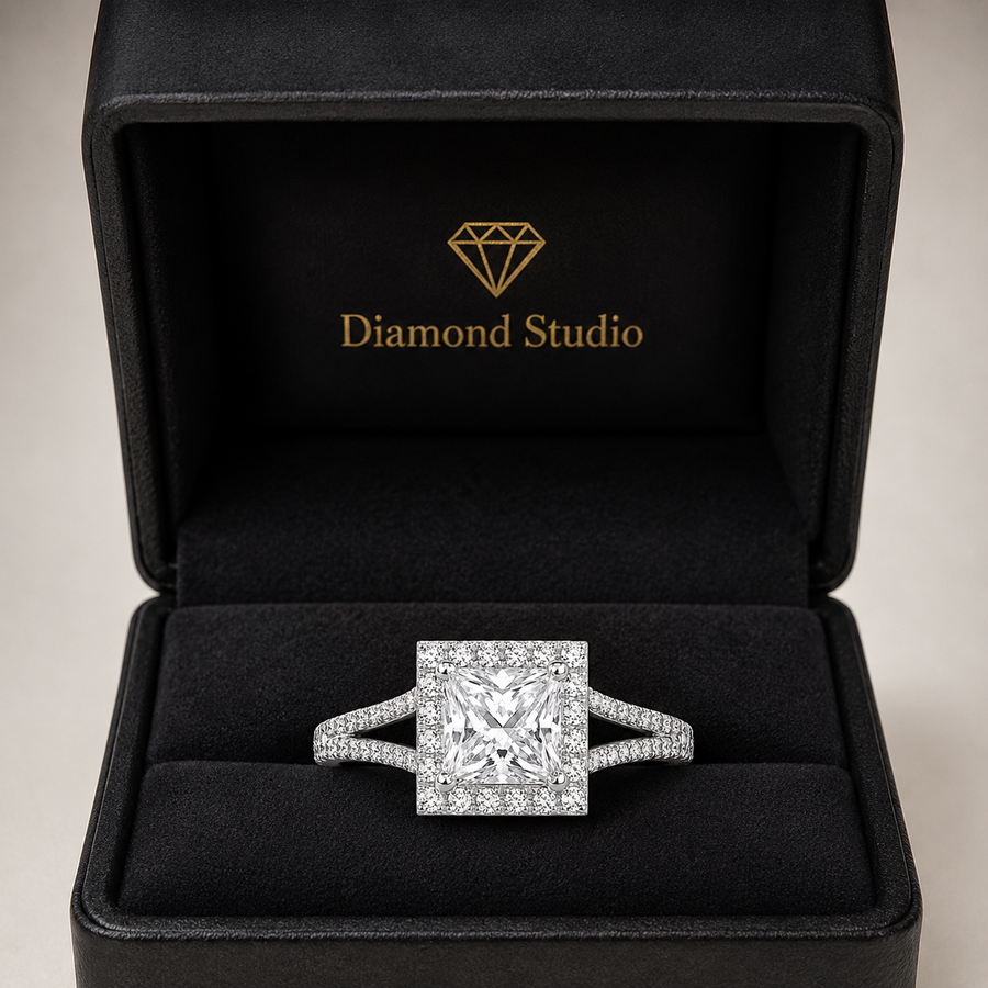 Livia 2.95 ct Lab Grown Princess Cut Split Shank Halo Diamond Engagement Ring