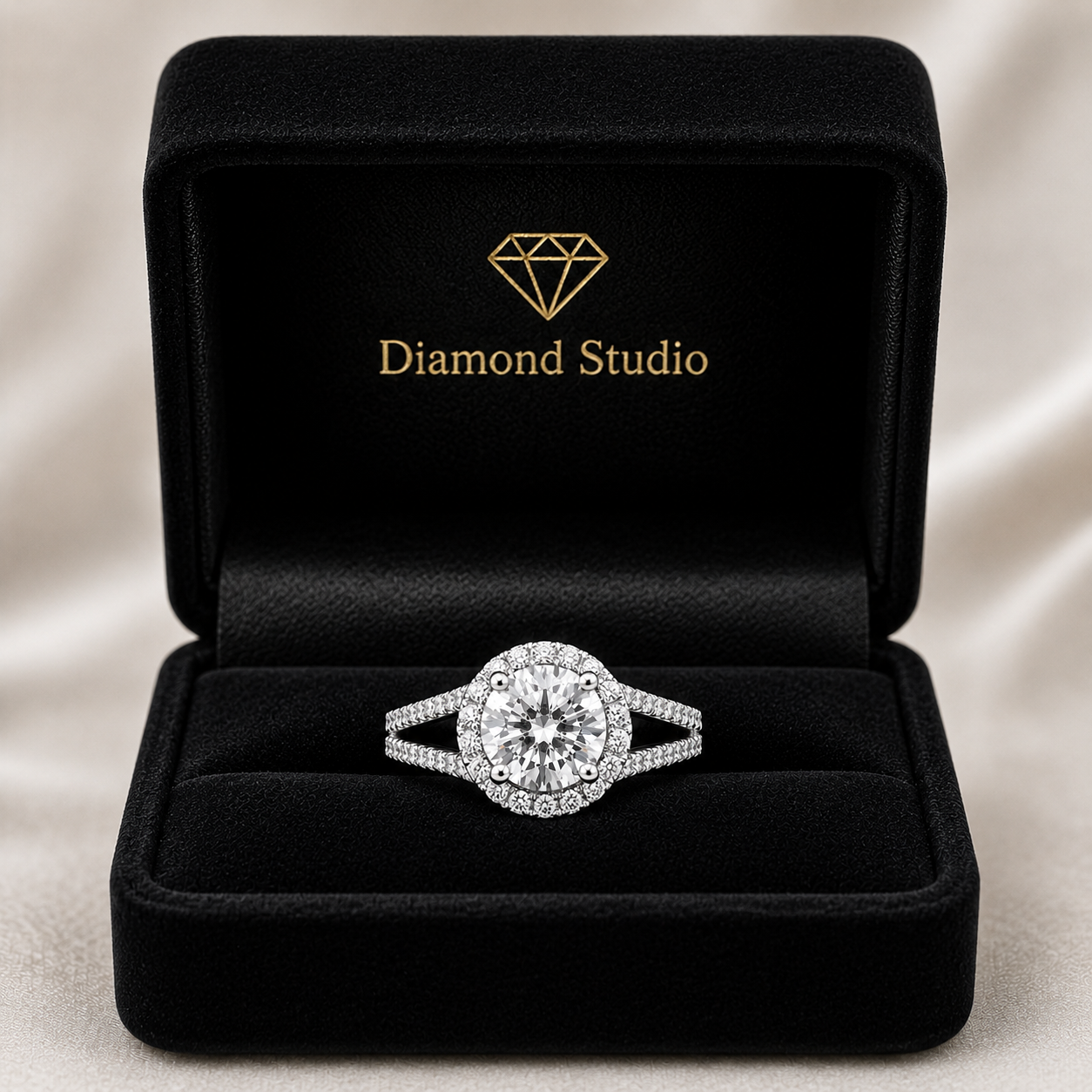 Livia 3.45 ct Lab Grown Round Cut Halo Split Shank Diamond Engagement Ring