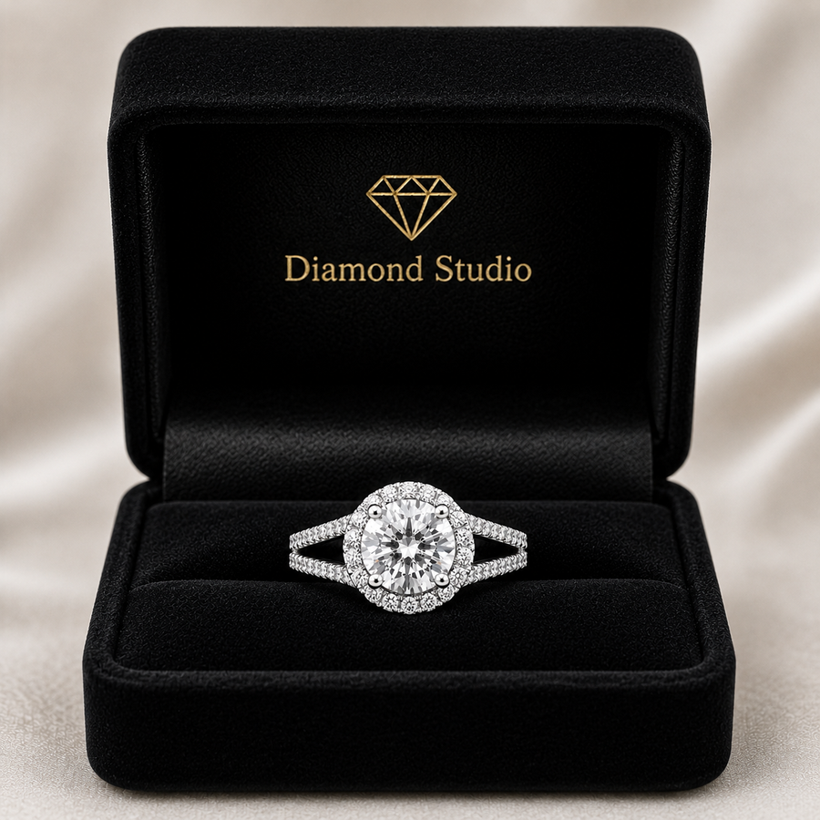 Livia 3.45 ct Lab Grown Round Cut Halo Split Shank Diamond Engagement Ring