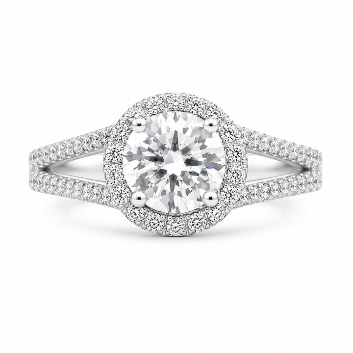 Livia 3.45 ct Lab Grown Round Cut Halo Split Shank Diamond Engagement Ring