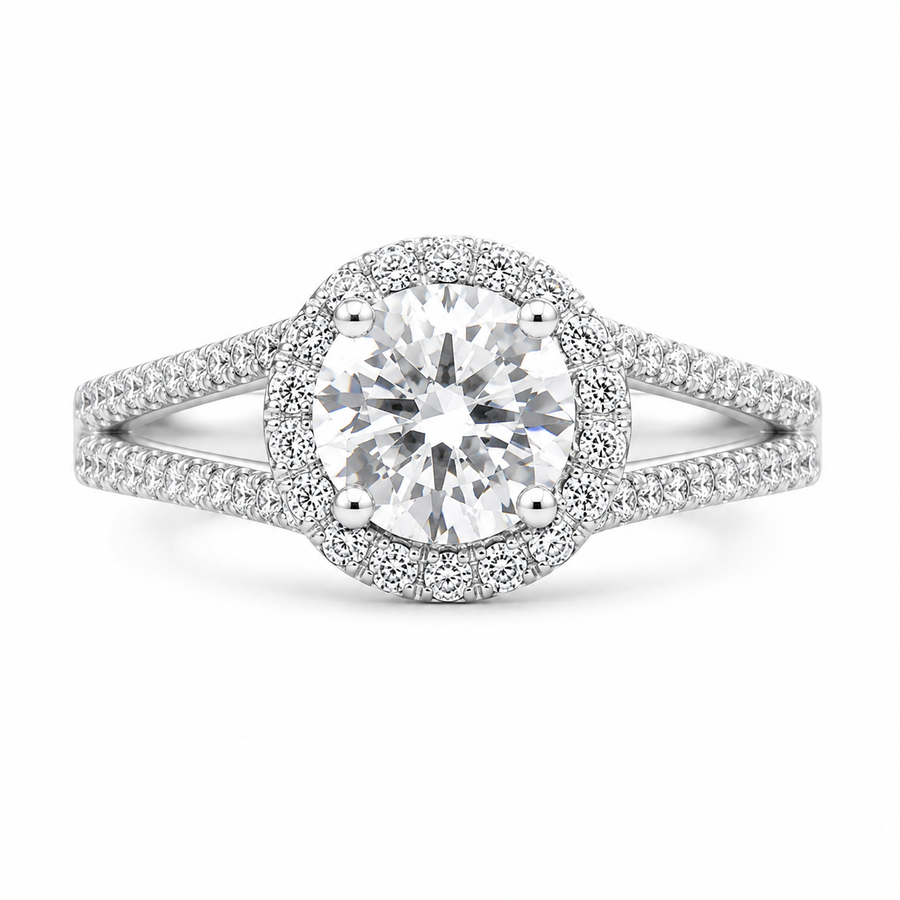 Livia 3.45 ct Lab Grown Round Cut Halo Split Shank Diamond Engagement Ring
