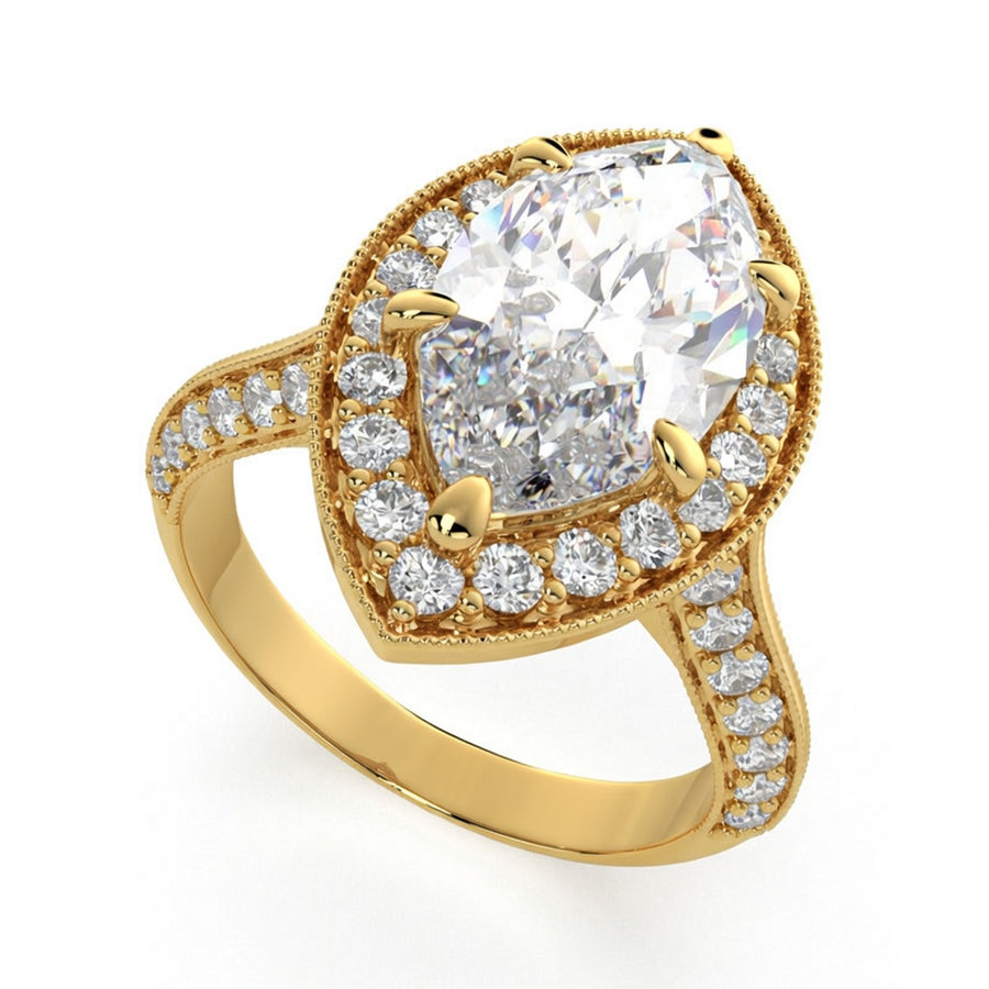 Beatrice 4.45 Carat Marquise Cut Halo Pave Knife Edge Milgrain Engagement Ring